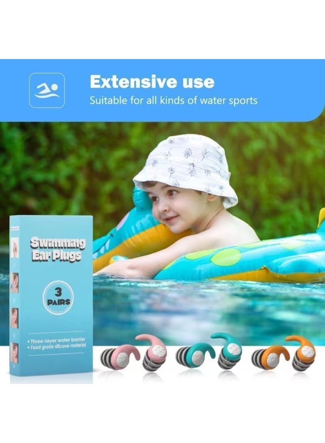 سدادات أذن للسباحة للأطفال – 3 أزواج من سدادات الأذن المصنوعة من السيليكون المقاوم للماء مع عزل للضوضاء، مثالية للاستحمام، ركوب الأمواج، السباحة، الغوص والرياضات المائية الأخرى (أزرق سماوي، برتقالي، وردي – مناسبة للأطفال من 5 إلى 12 سنة) - Image 3